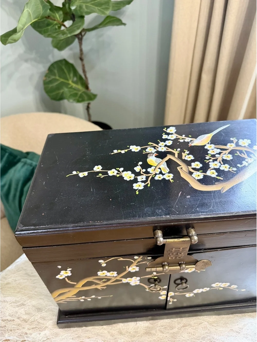 Vintage Chinese Lacquer Jewelry Box Hand Painted Birds Red Brocade